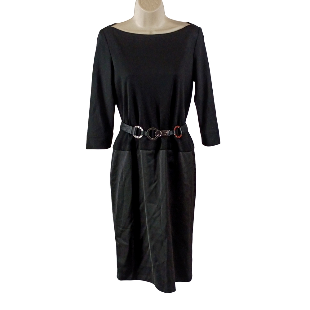 Tadashi Classic Black Boatneck Sheath Dress with Belt
